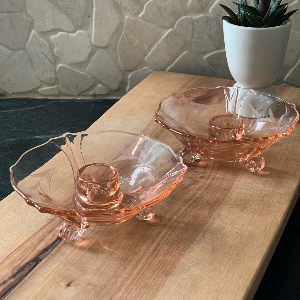 PINK DEPRESSION GLASS | Set of 2 | Vintage 3 Footed Taper Candle Holders